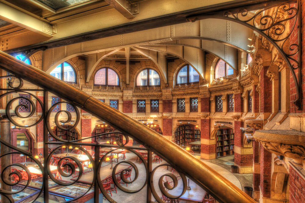 Fisher Fine Arts Library interior view from iron stairs