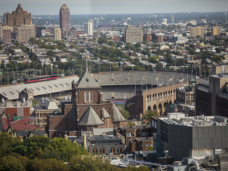 aerial view of campus, Franklin Field and Philadelphia