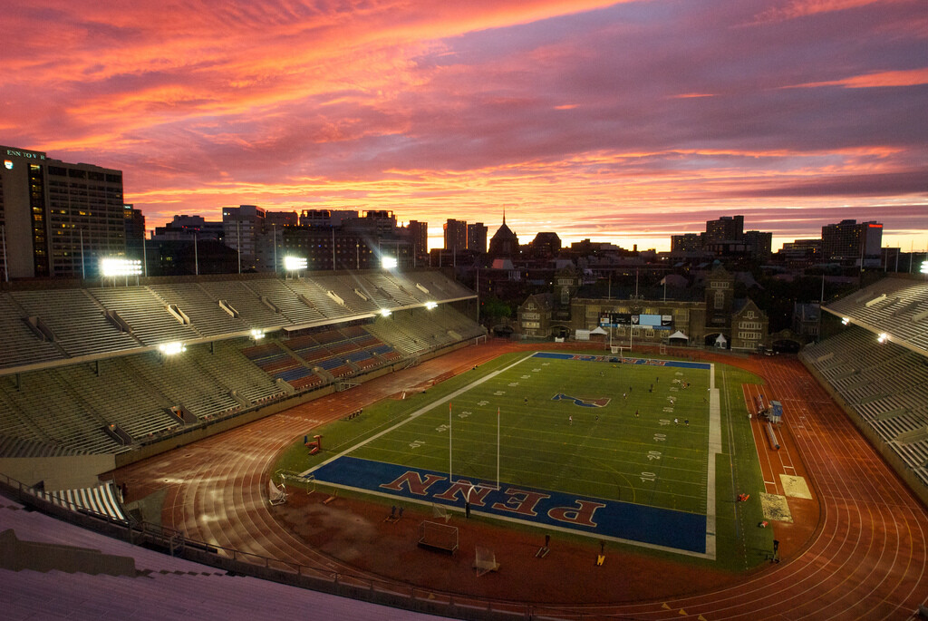 Franklin Field under a red and blue sky