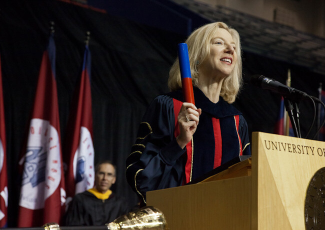 Amy Gutmann speaking at podium during Convocation
