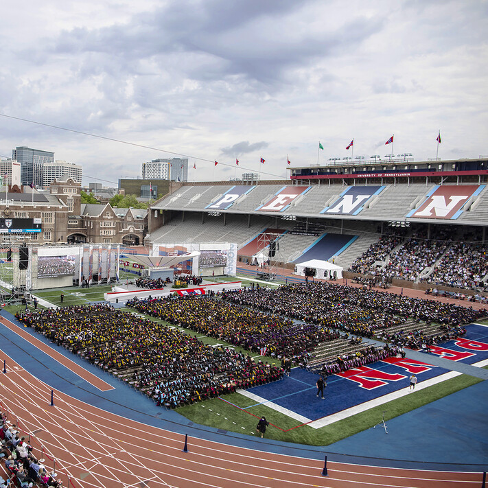 aerial view of commencement in franklin field