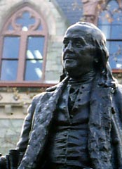 Benjamin Franklin statue in front of College Hall